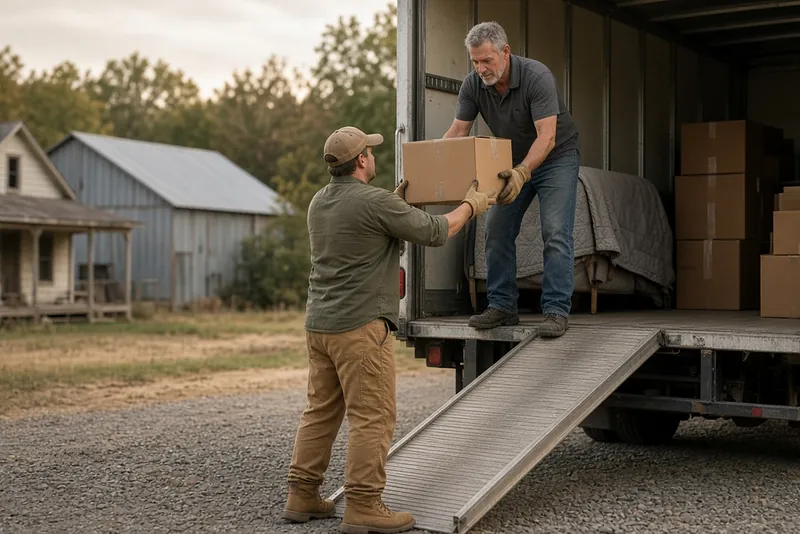 Two workers loading moving boxes into a box truck on a gravel drive beside an old farmhouse and barn