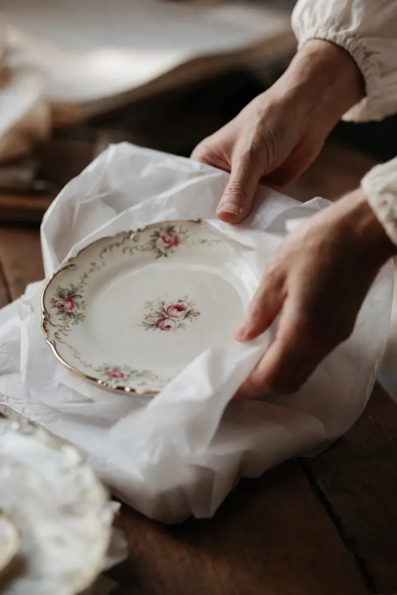 Hands wrapping a floral china plate in white tissue paper
