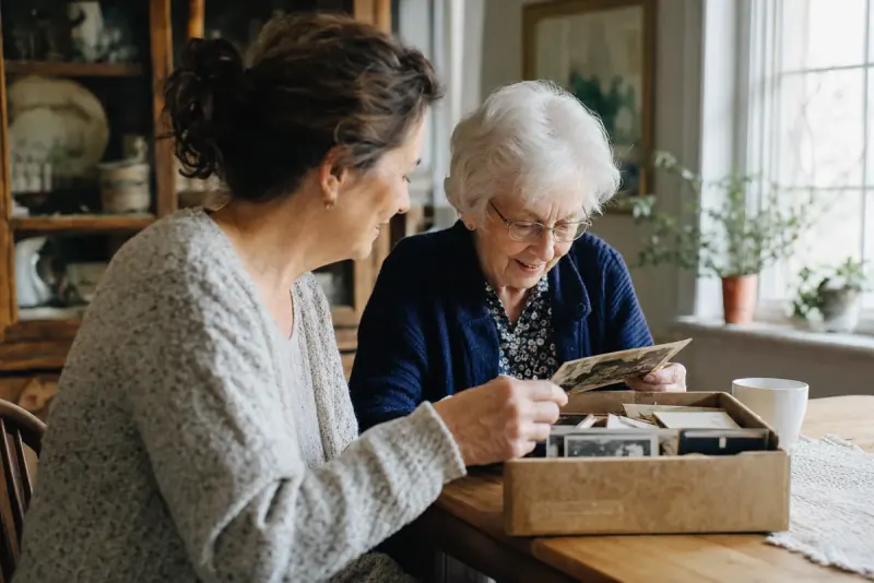 A younger woman and an older woman looking through a box of old photographs at a table