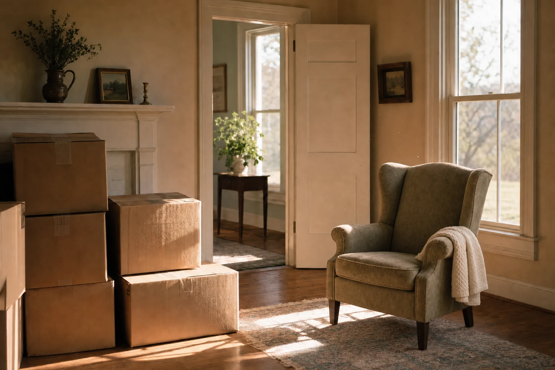 Sunlit living room with packed cardboard boxes stacked beside an armchair